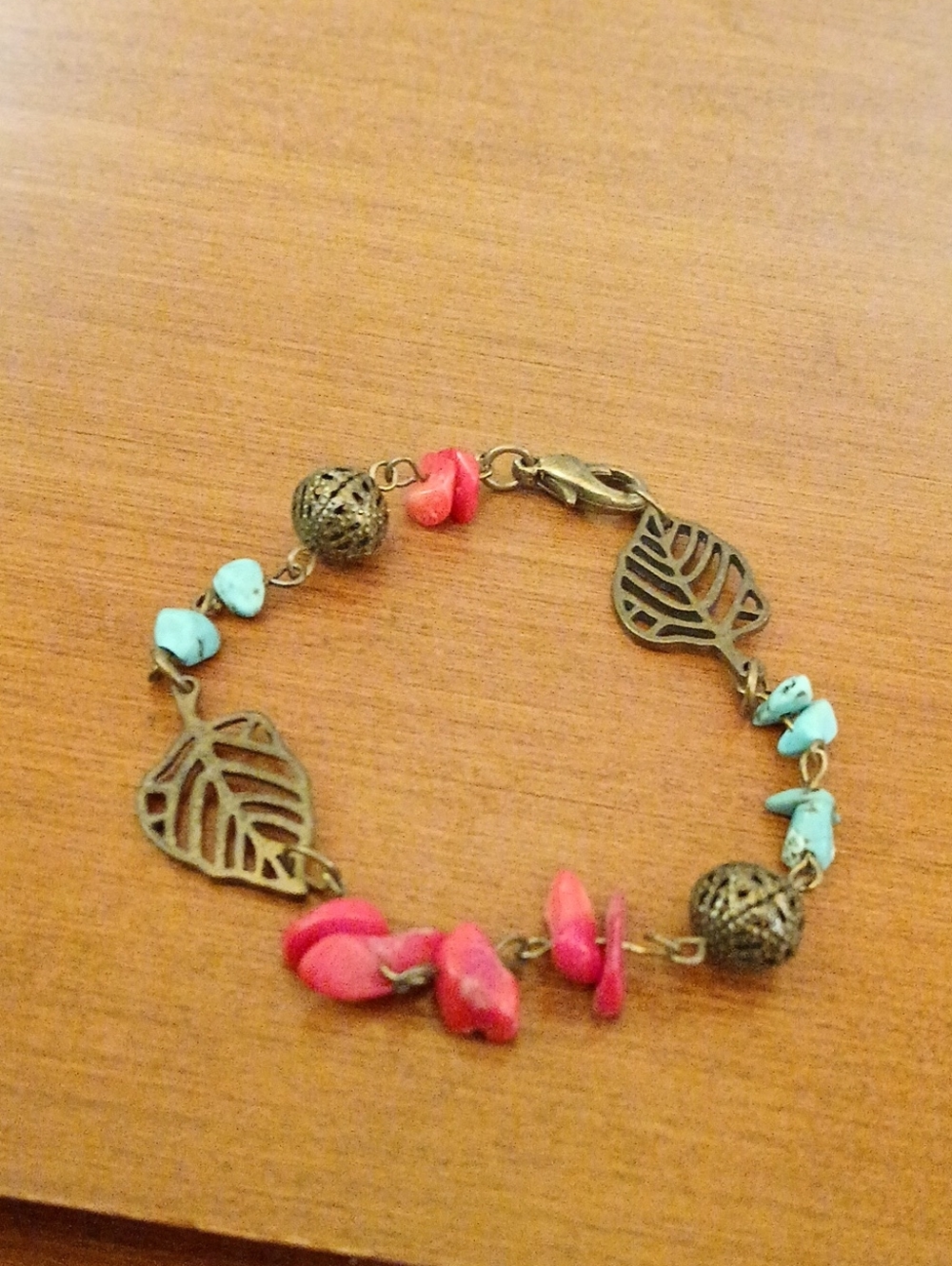 Turquoise & Coral Leaf Charm Bracelet - Women Jewelry Small